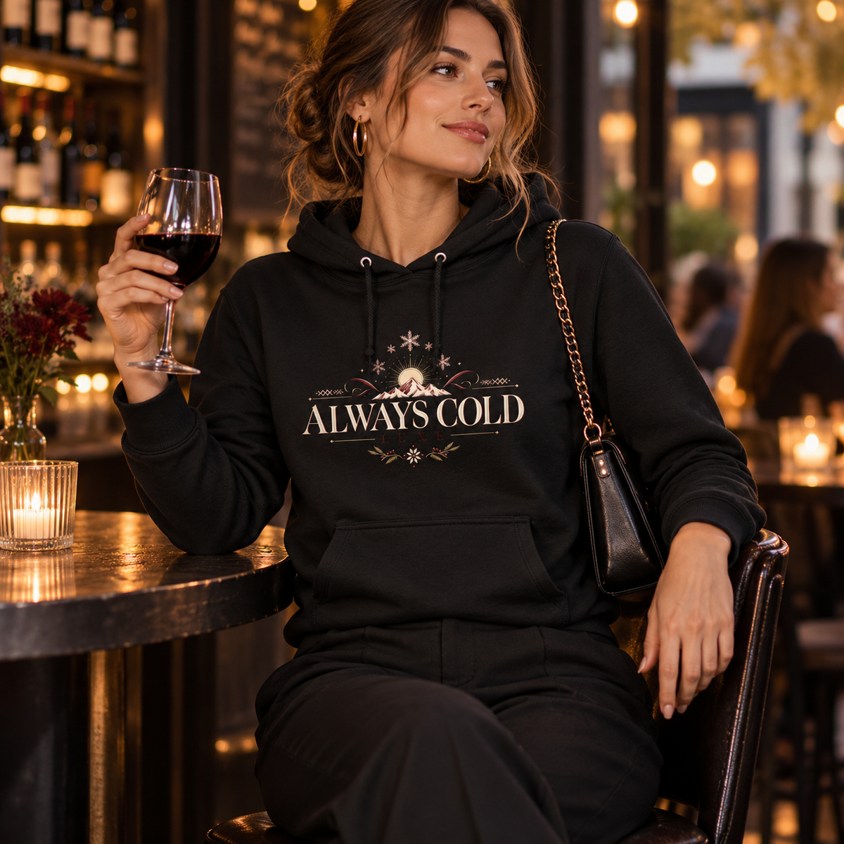 Always Cold Women's College Hoodie in Jet Black, seasonal lifestyle photo