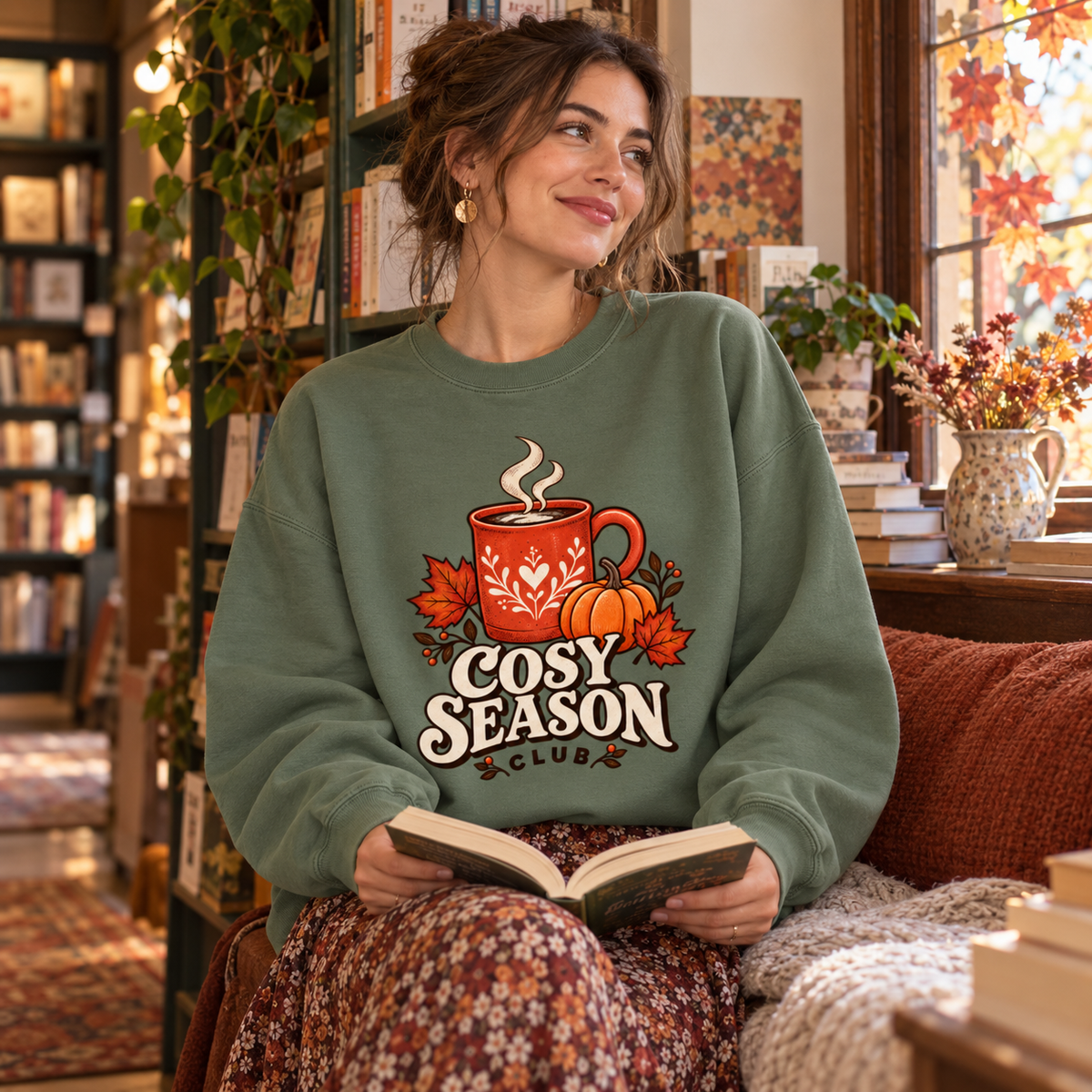 Earthy Green Cosy Season Club sweatshirt while reading