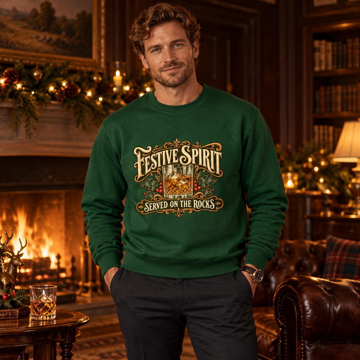 Man wearing Forest Festive Spirit Served on the Rocks Christmas sweatshirt in a classy fireside lounge