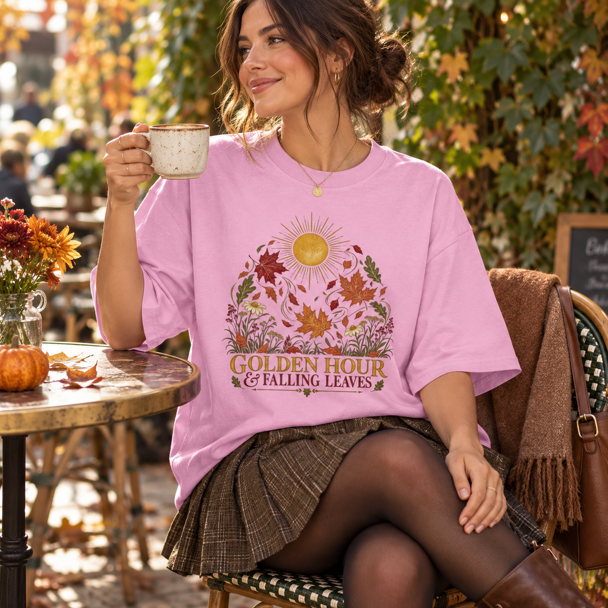 Golden Hour & Falling Leaves Women's T-Shirt in Light Pink, seasonal lifestyle photo