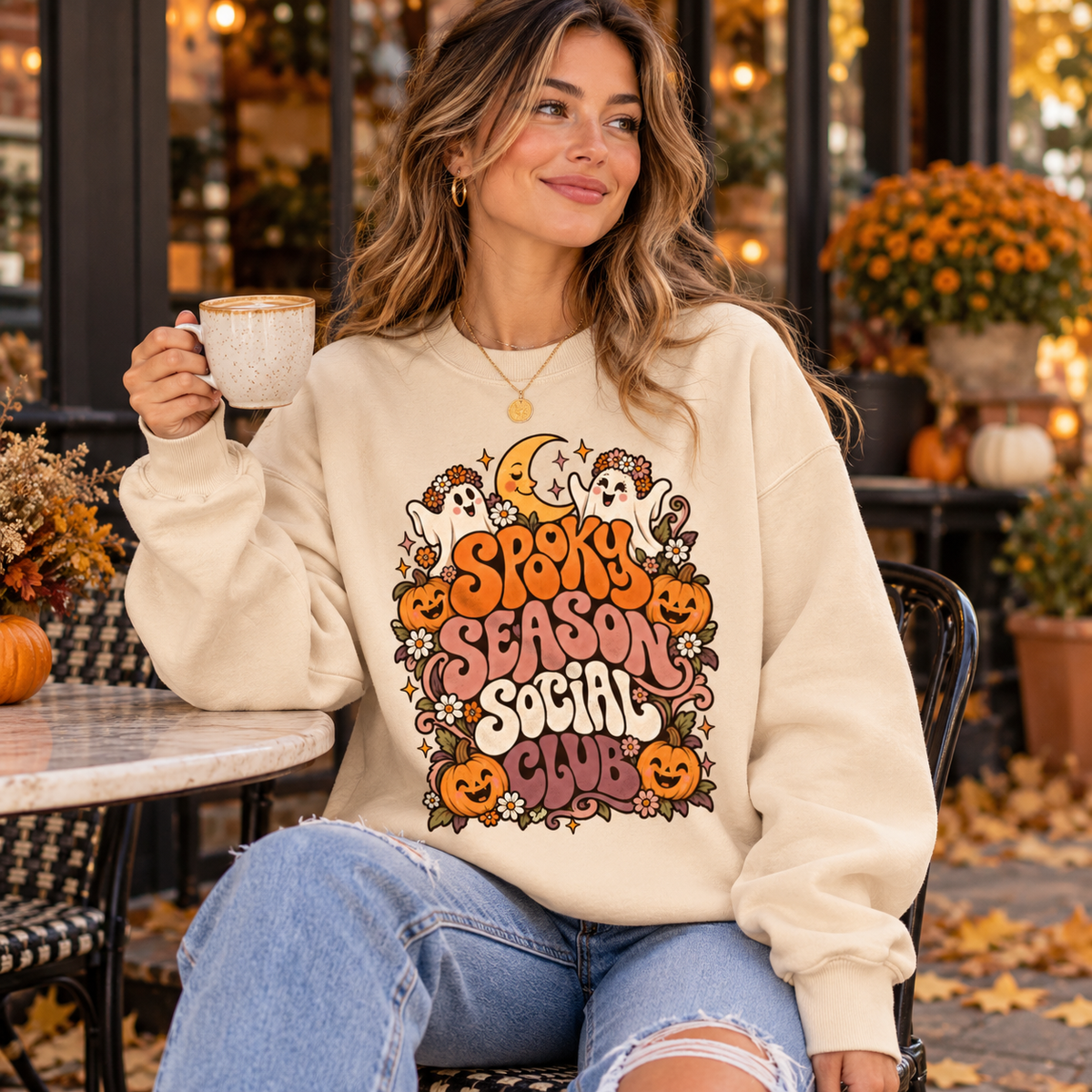 Spooky Season Social Club Women's Halloween Sweatshirt in Vanilla Milkshake — lifestyle photo