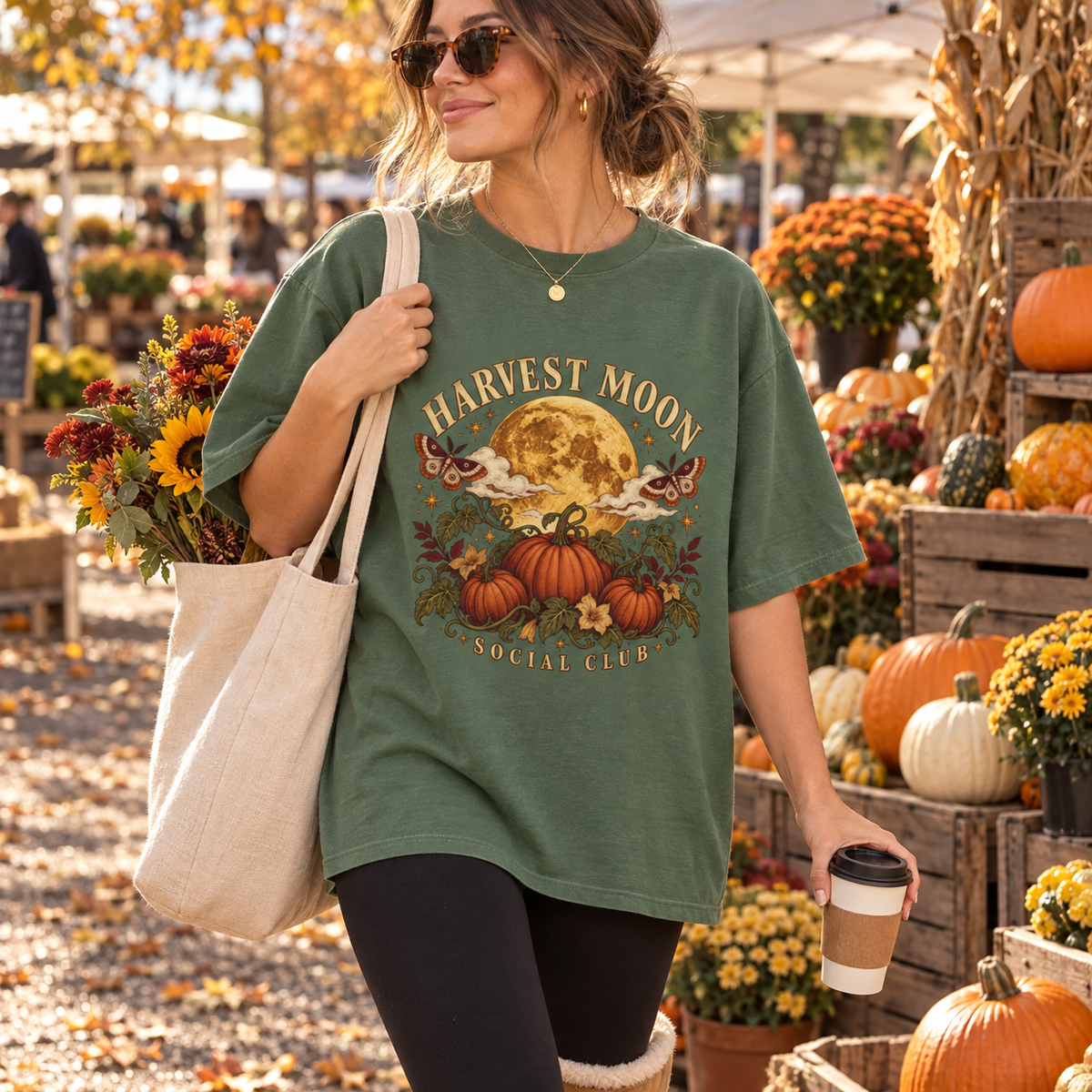 Harvest Moon Women's Autumn T-Shirt in Military Green, seasonal lifestyle photo