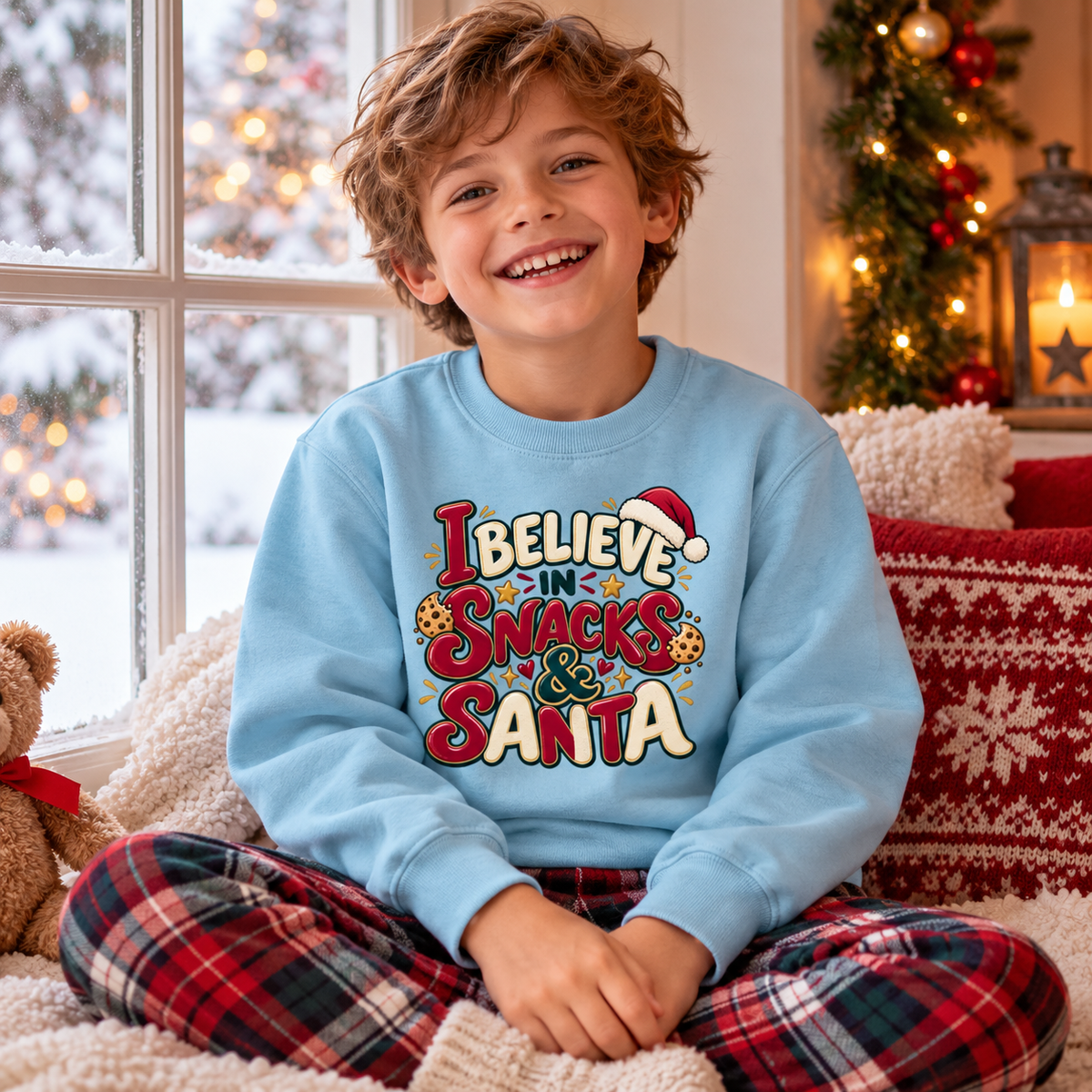 I Believe in Santa and Snacks in Ice Blue – festive lifestyle photo