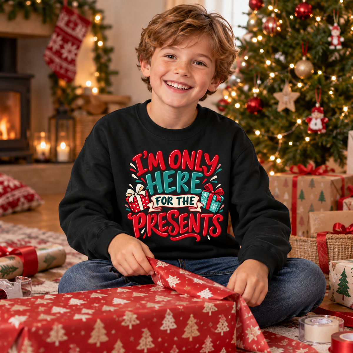 I'm Only Here For The Presents in Jet Black – festive lifestyle photo