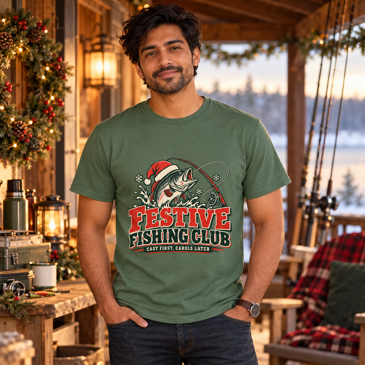 Man wearing Festive Fishing Club Men's Christmas T-Shirt in Military Green in a festive lifestyle setting