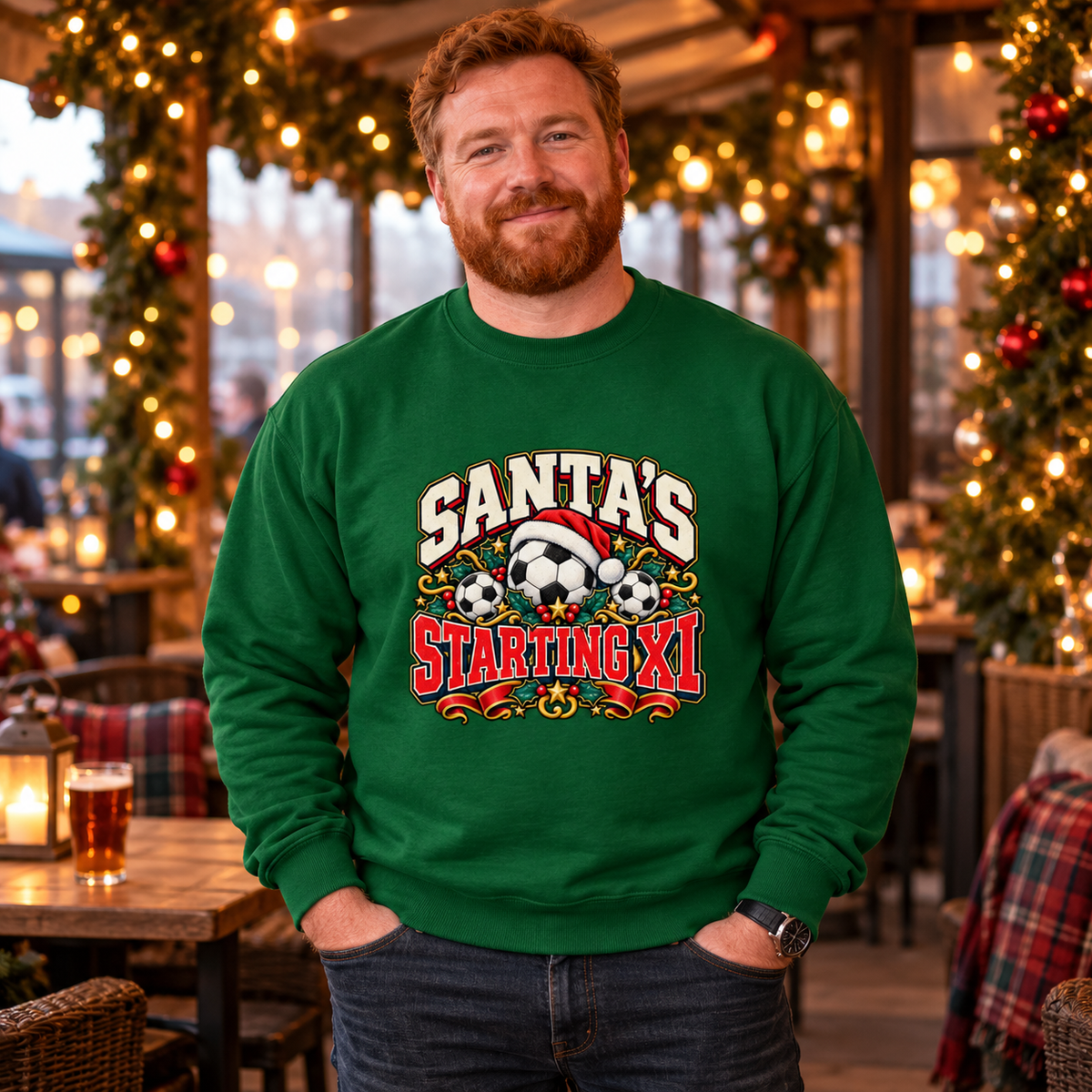Man wearing Santa's Starting XI Men's Christmas Football Sweatshirt in Bottle Green in a festive lifestyle setting