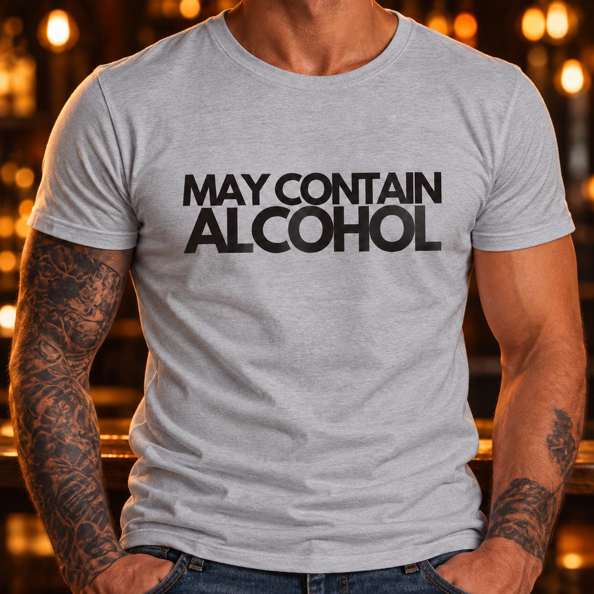 Close-up of black May Contain Alcohol print on a Sport Grey men's T-shirt