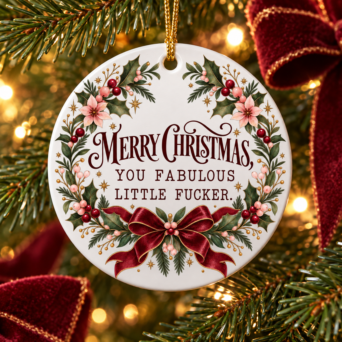 Merry Christmas You Fabulous Little Fucker Ceramic Ornament in a styled lifestyle setting