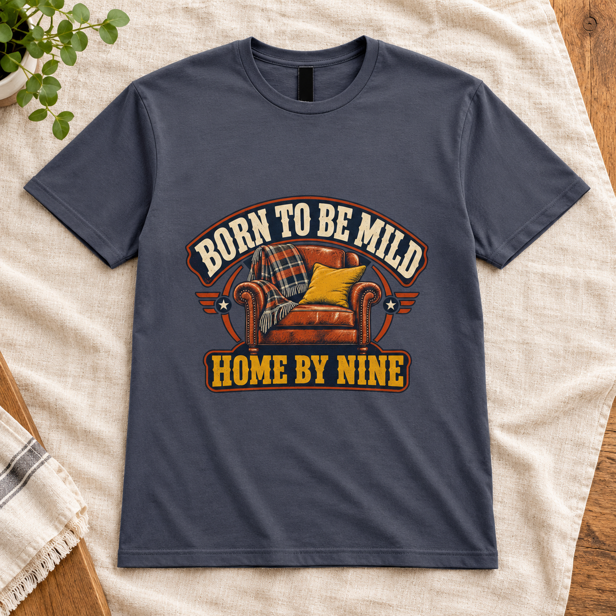 Born to Be Mild, Home by Nine Men’s T-Shirt in Dark Heather, front artwork flat lay