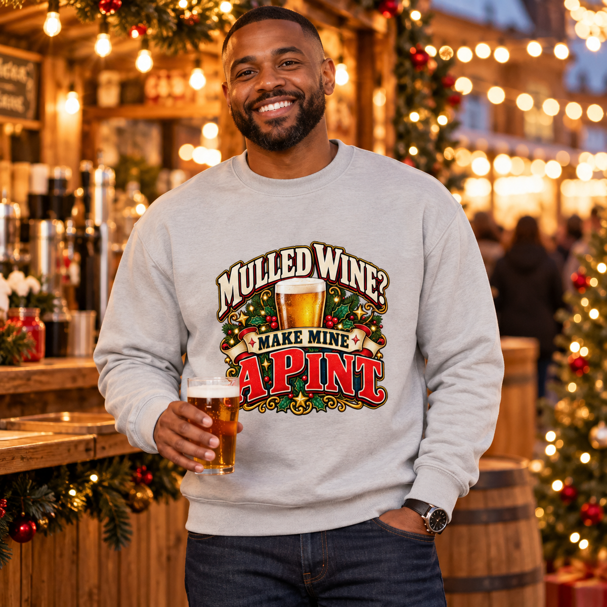 Mulled Wine? Make Mine a Pint Men's Christmas Sweatshirt in Heather Grey – men's Christmas lifestyle image