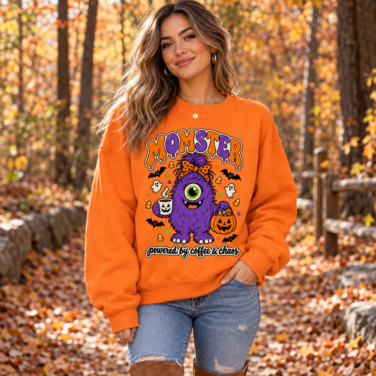 Momster Women's Halloween Sweatshirt, lifestyle model in a autumn woodland walk outdoors.