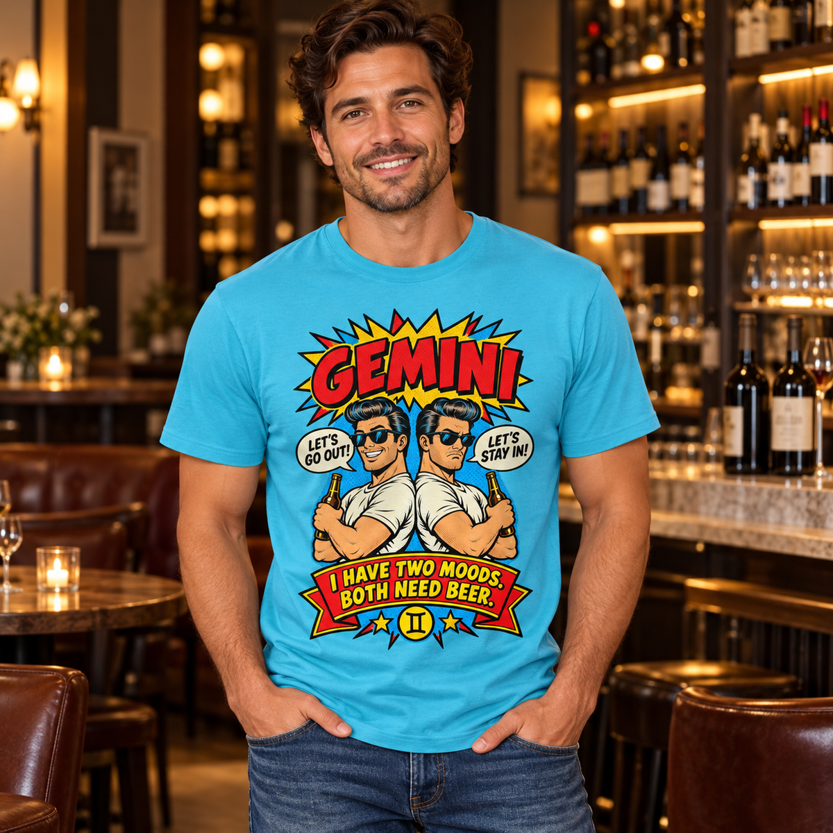 Gemini Two Moods Both Need Beer Men's T-Shirt in Tropical Blue, model indoors in a classy wine bar