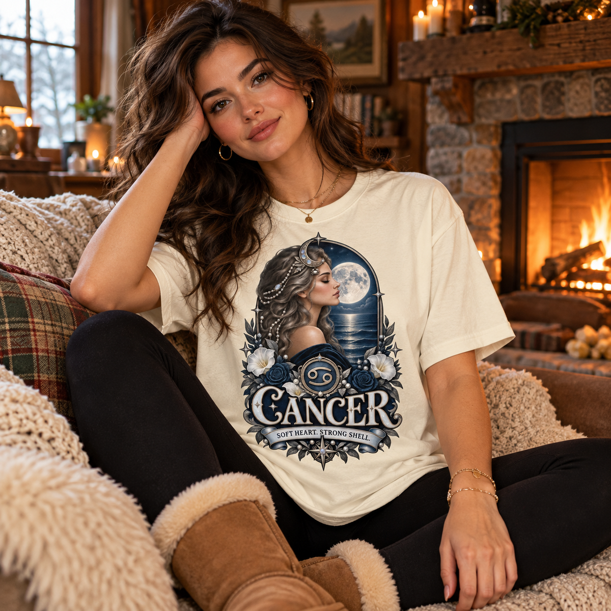 Cancer Soft Heart Strong Shell Women's T-Shirt – Dark in Off White, model seated cosily on a sofa beside a fireplace in a warm cottage