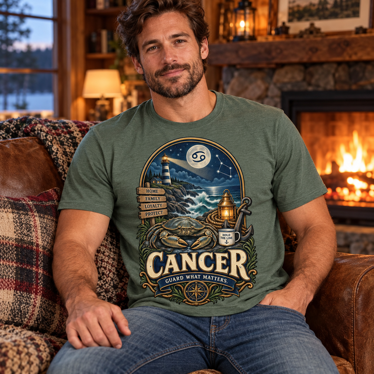 Cancer Guard What Matters Men's T-Shirt in Heather Military Green, model seated cosily on a sofa beside a fireplace in a warm cottage