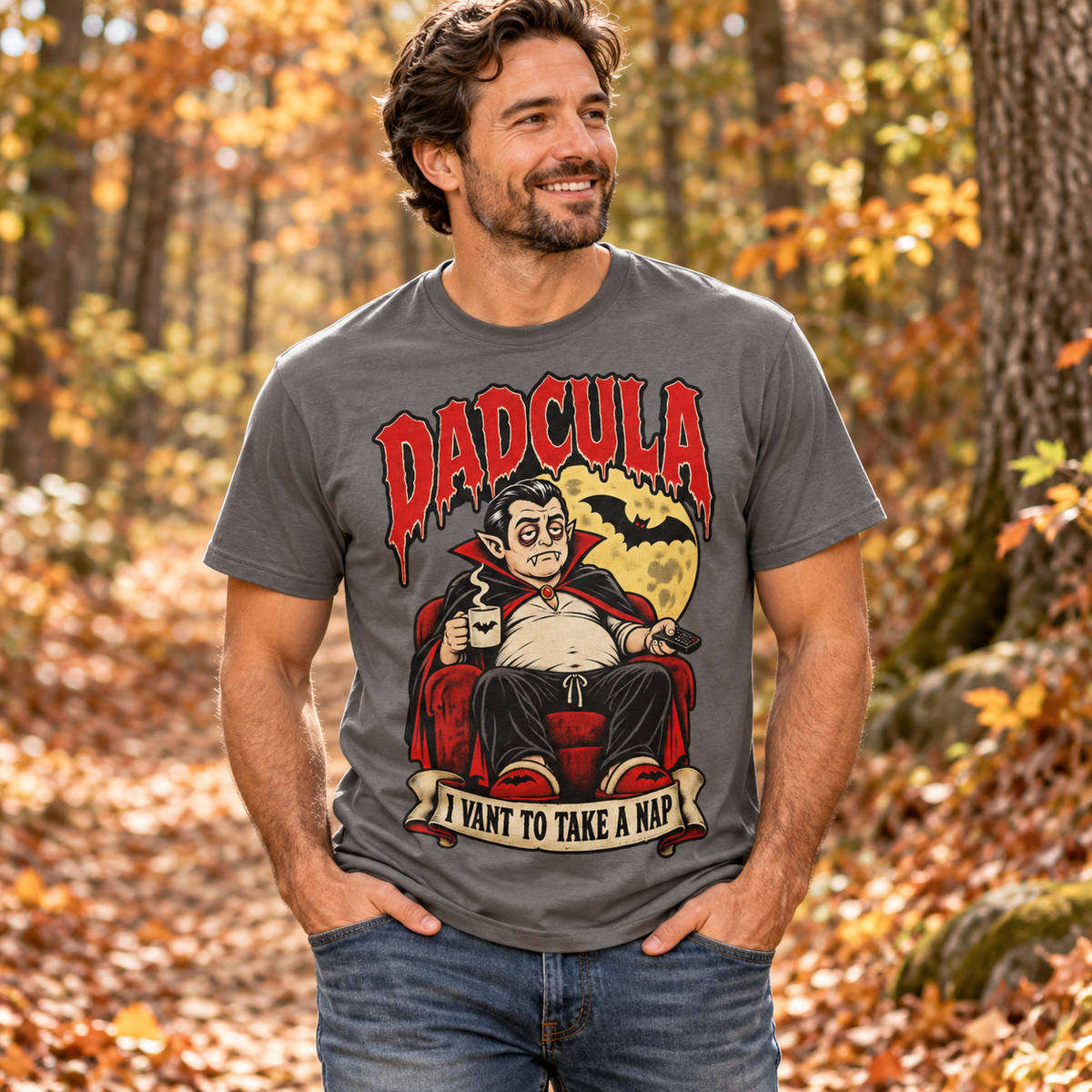 Dadcula Men's Halloween T-Shirt, lifestyle model in a autumn woodland walk outdoors.