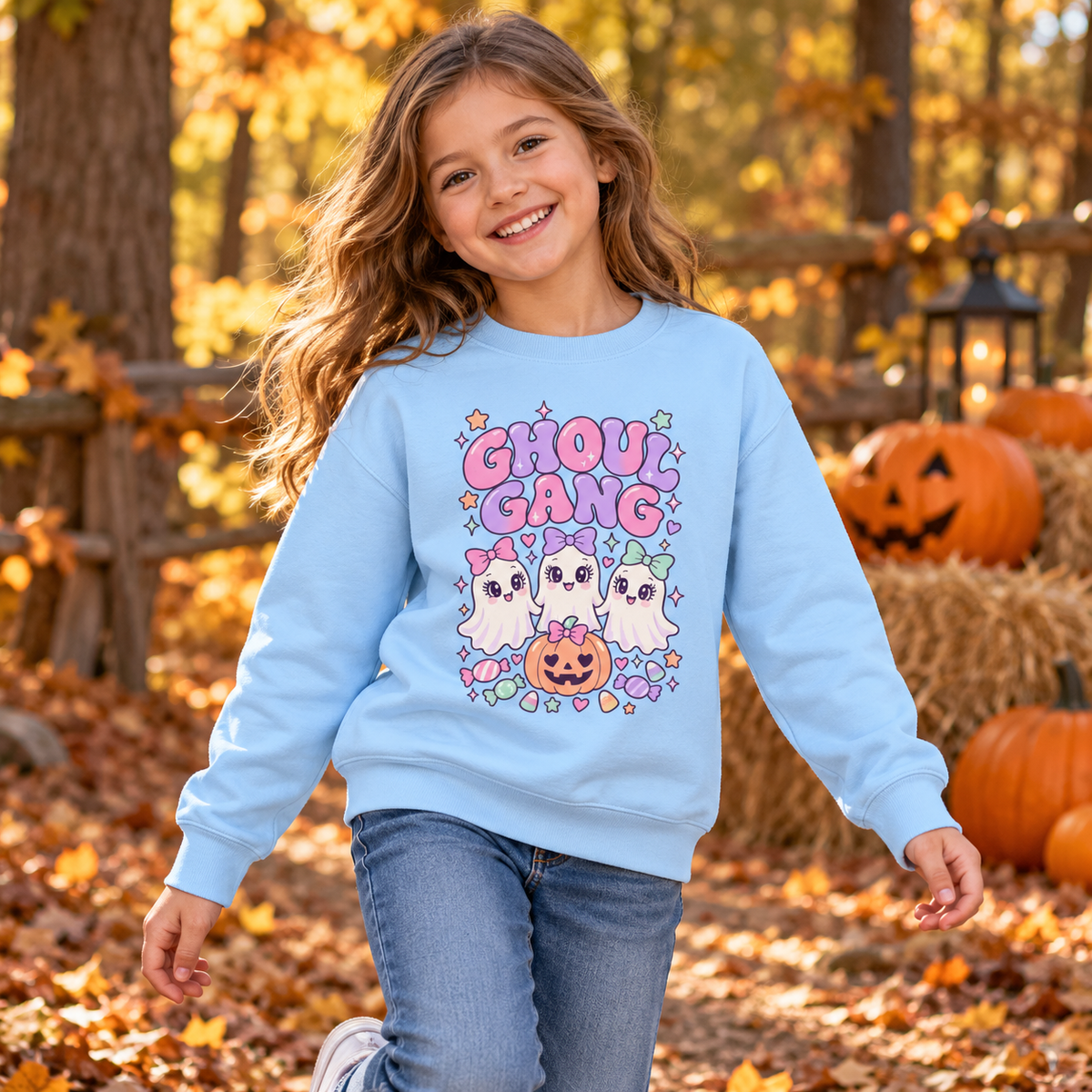 Ghoul Gang Girls' Halloween Sweatshirt, lifestyle model in a autumn woodland walk outdoors.