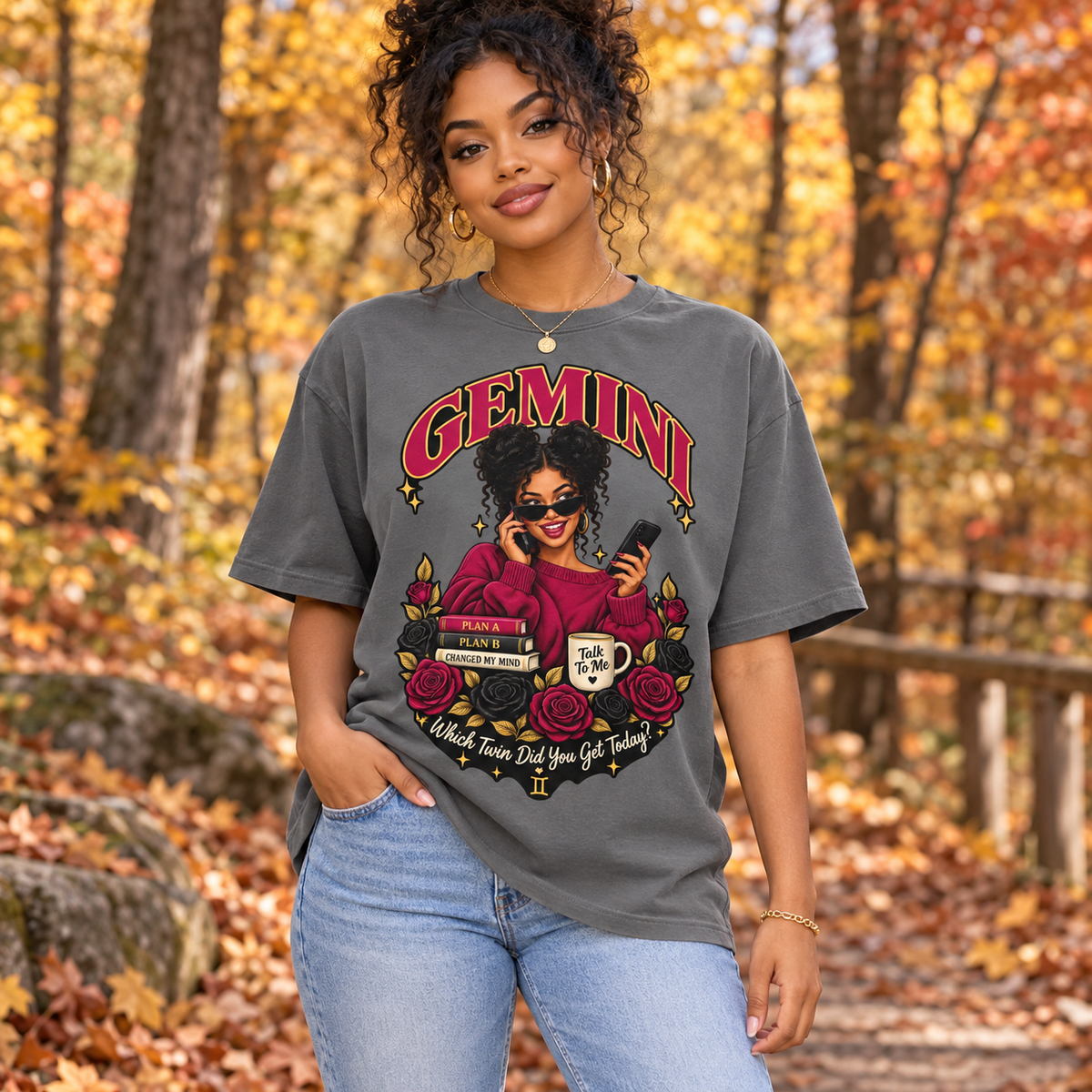Gemini Which Twin Did You Get Today Women's T-Shirt – Dark in Charcoal, model outdoors in an autumn woodland park