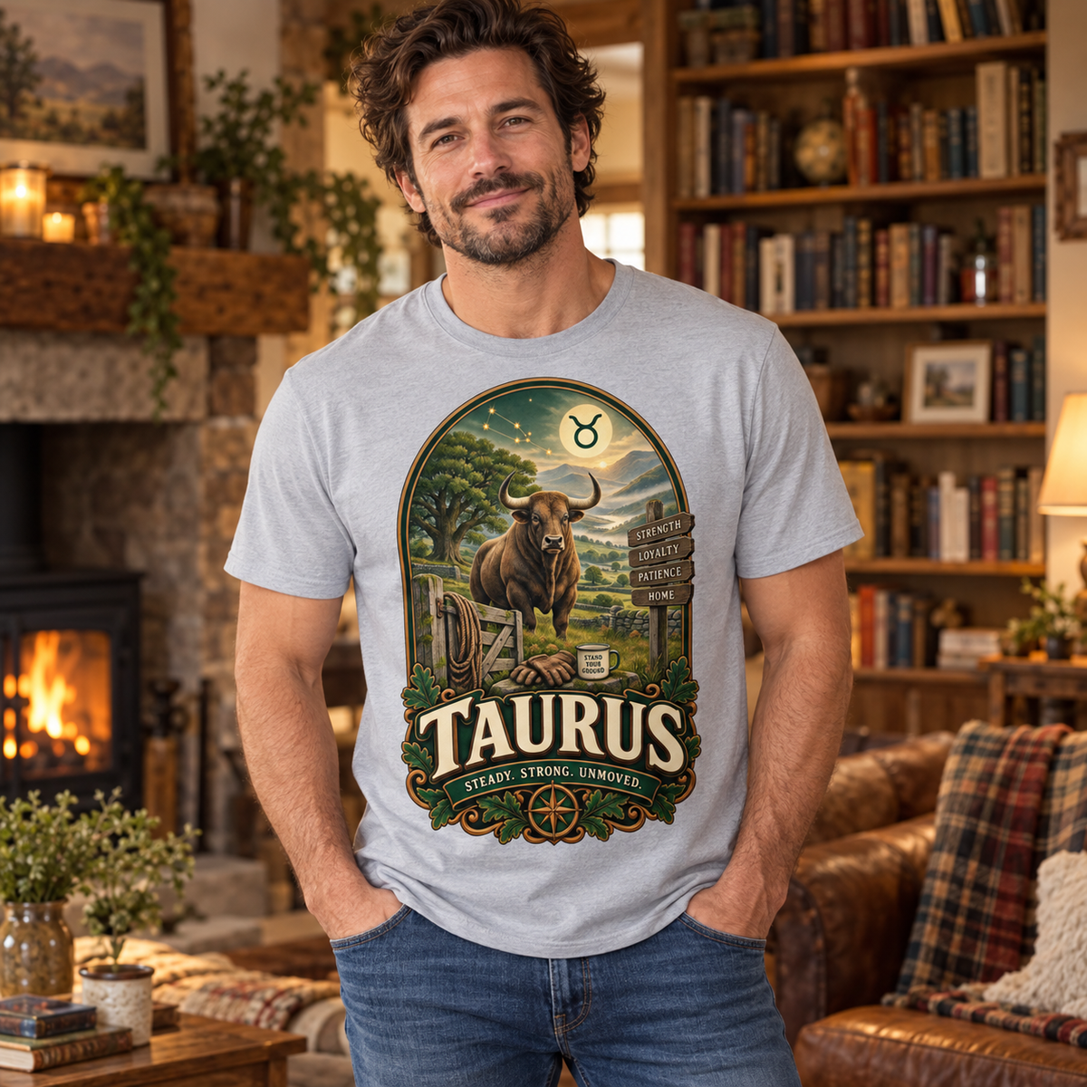 Taurus Steady Strong Unmoved Men's T-Shirt in Sports Grey, model inside a cosy book-filled cottage living room
