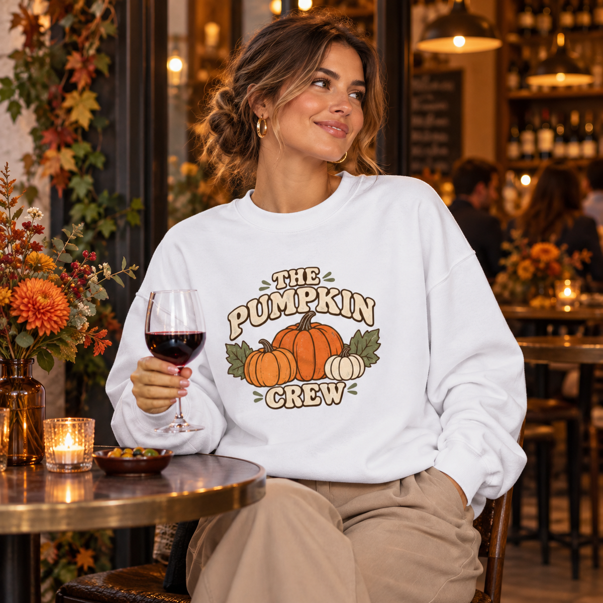 Arctic White The Pumpkin Crew oversized sweatshirt at a wine bar
