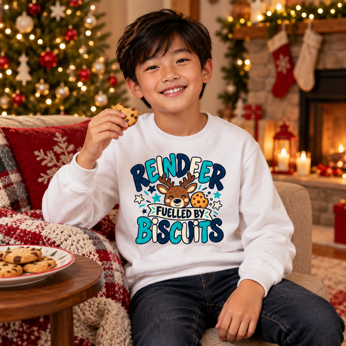 Reindeer fuelled by biscuits Boys Christmas Sweatshirt in Arctic White – boys' Christmas lifestyle photo