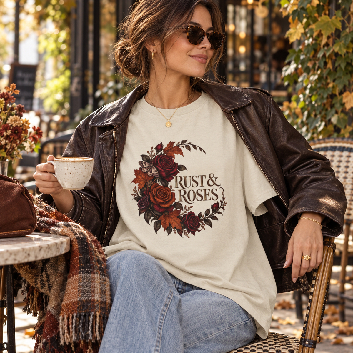 Rust & Roses Women's Autumn T-Shirt in Natural, seasonal lifestyle photo