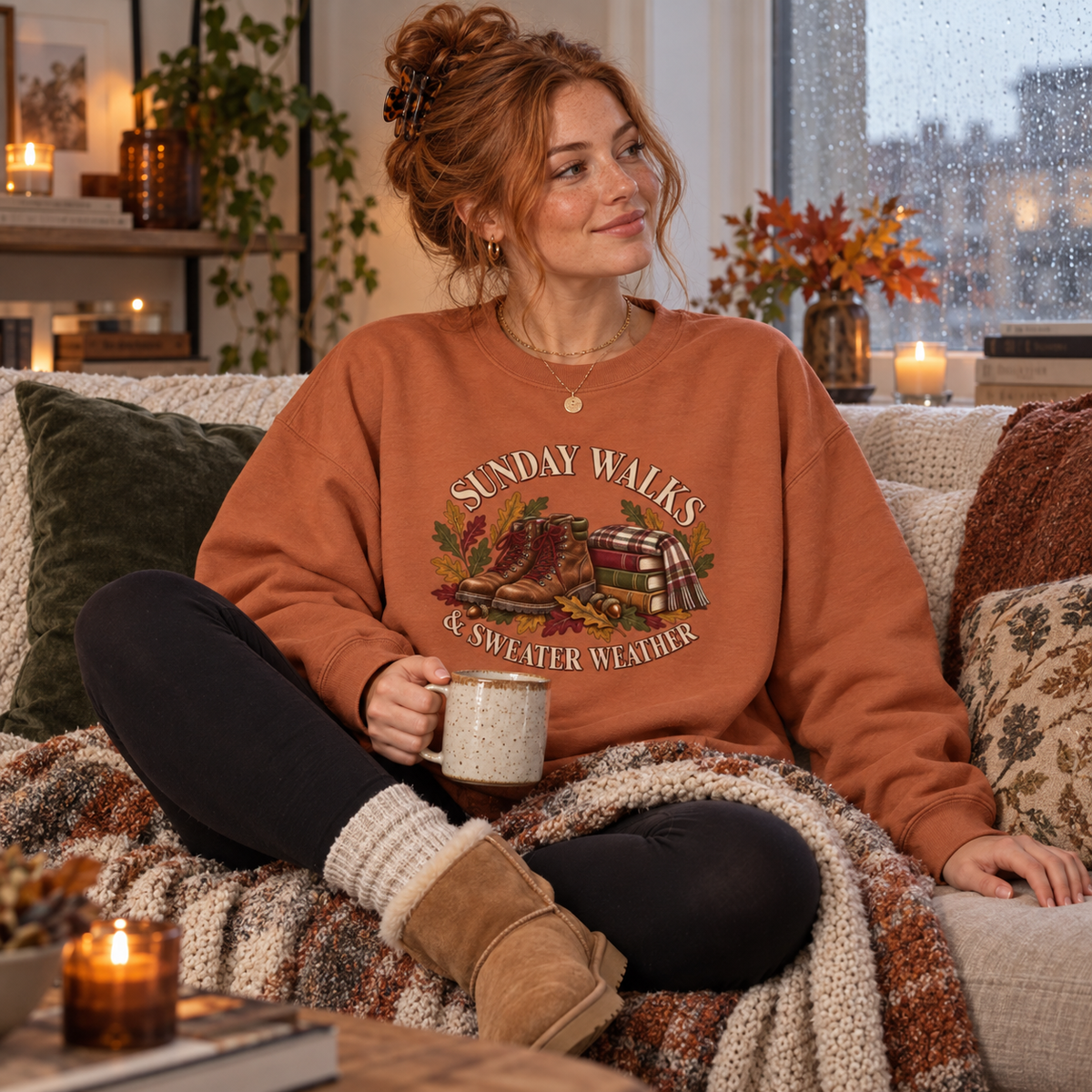 Ginger Biscuit Sunday Walks sweatshirt with leggings and sheepskin boots indoors