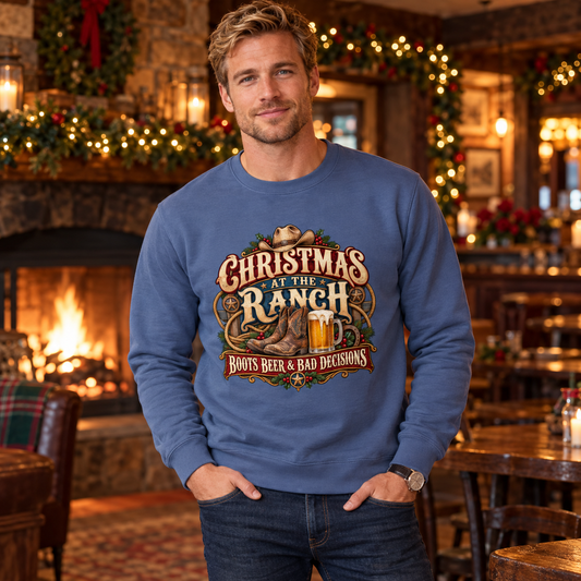 Christmas at the Ranch Men's Christmas Jumper – Boots, Beer & Bad Decisions in Airforce Blue, worn in a festive country lifestyle setting