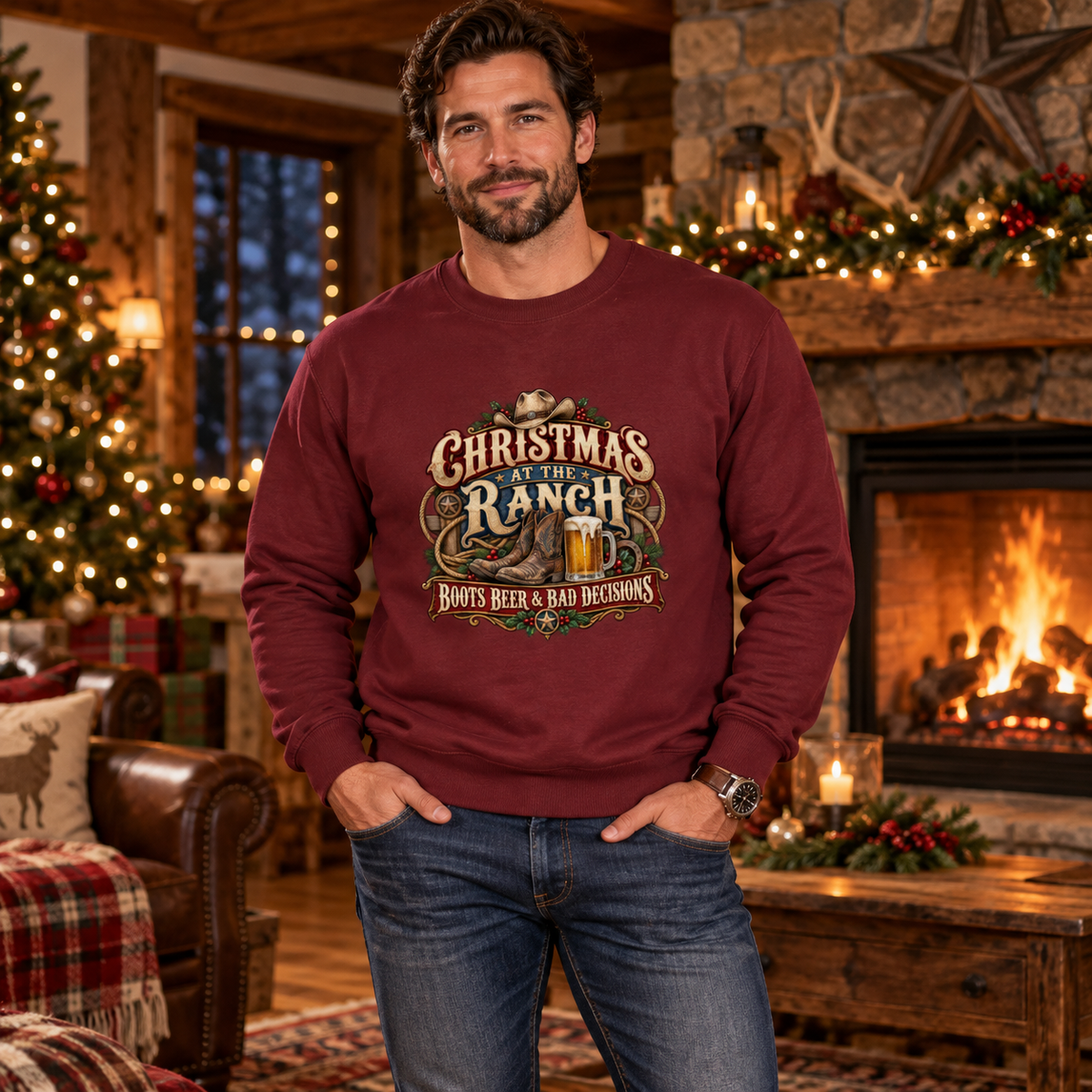 Christmas at the Ranch Men's Christmas Jumper – Boots, Beer & Bad Decisions in Burgundy, worn in a festive country lifestyle setting