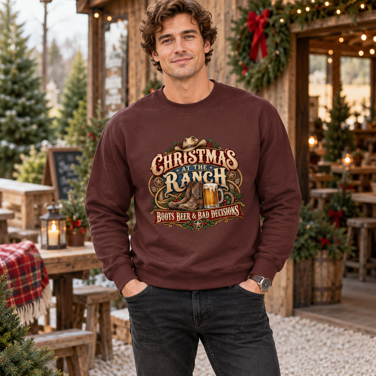 Christmas at the Ranch Men's Christmas Jumper – Boots, Beer & Bad Decisions in Chocolate Fudge Brownie, worn in a festive country lifestyle setting
