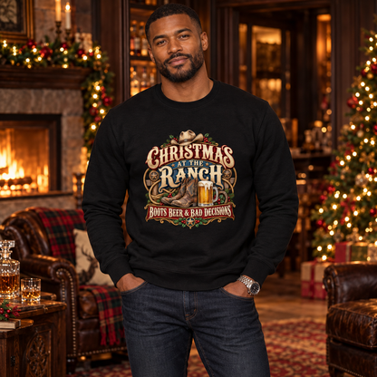 Christmas at the Ranch Men's Christmas Jumper – Boots, Beer & Bad Decisions in Deep Black, worn in a classy festive country lounge