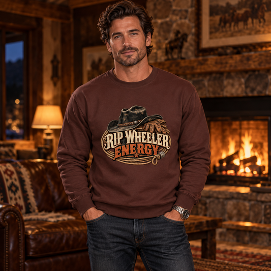 Rip Wheeler Energy Men's Country Sweatshirt in Chocolate Fudge Brownie, worn in a classy country lodge