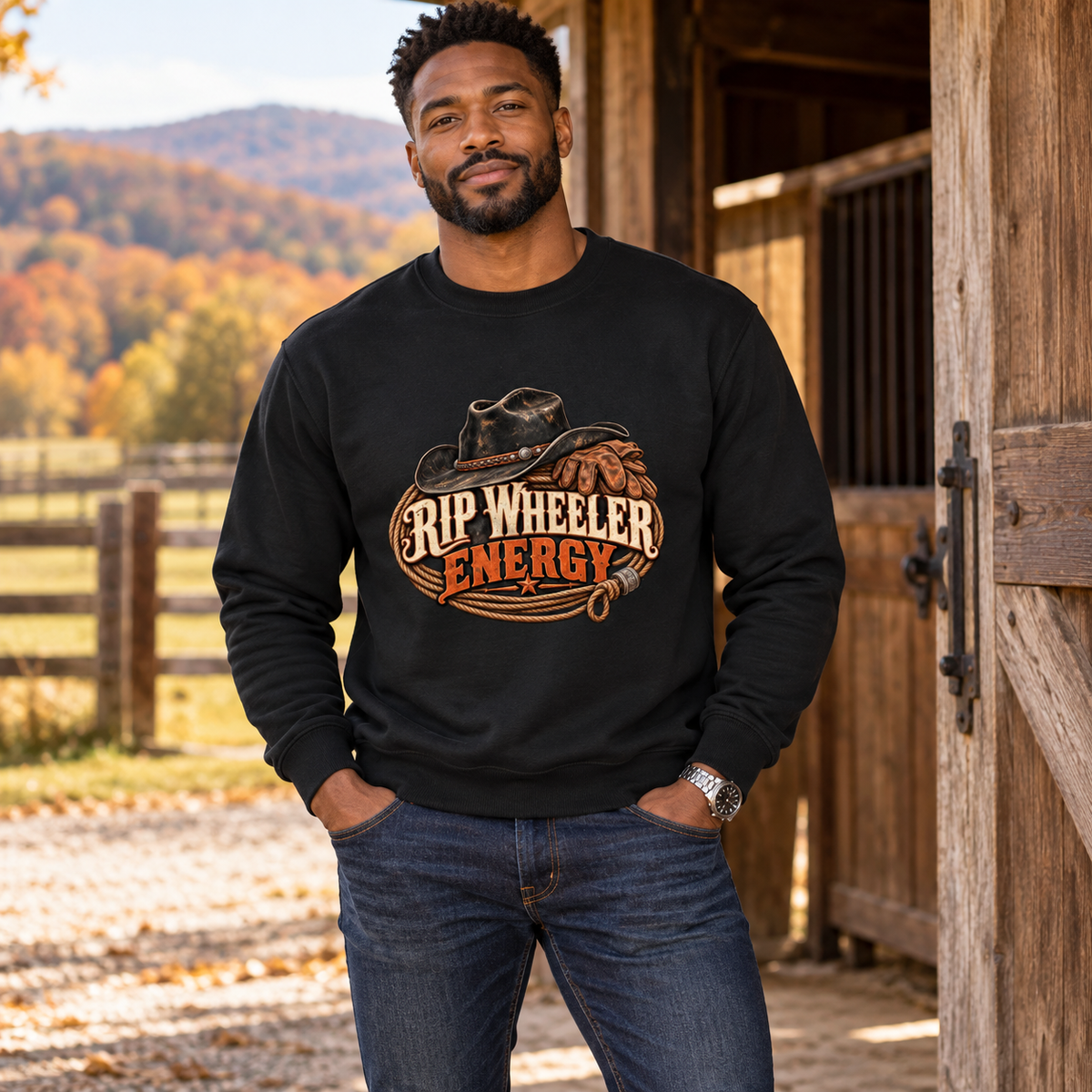 Rip Wheeler Energy Men's Country Sweatshirt in Jet Black, worn in a country lifestyle setting