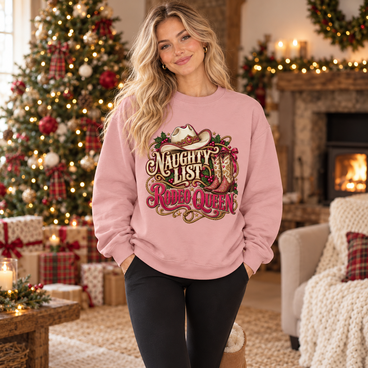 Naughty List Rodeo Queen Women's Christmas Sweatshirt in Dusty Pink, worn in a country lifestyle setting