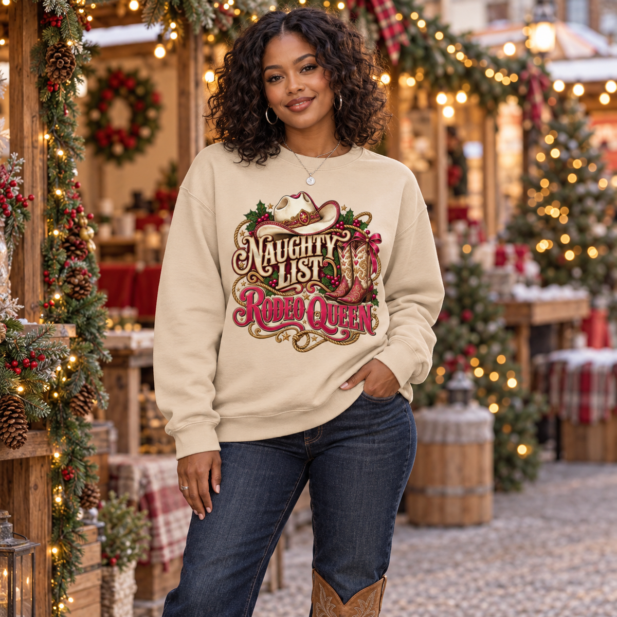 Naughty List Rodeo Queen Women's Christmas Sweatshirt in Nude, worn in a country lifestyle setting