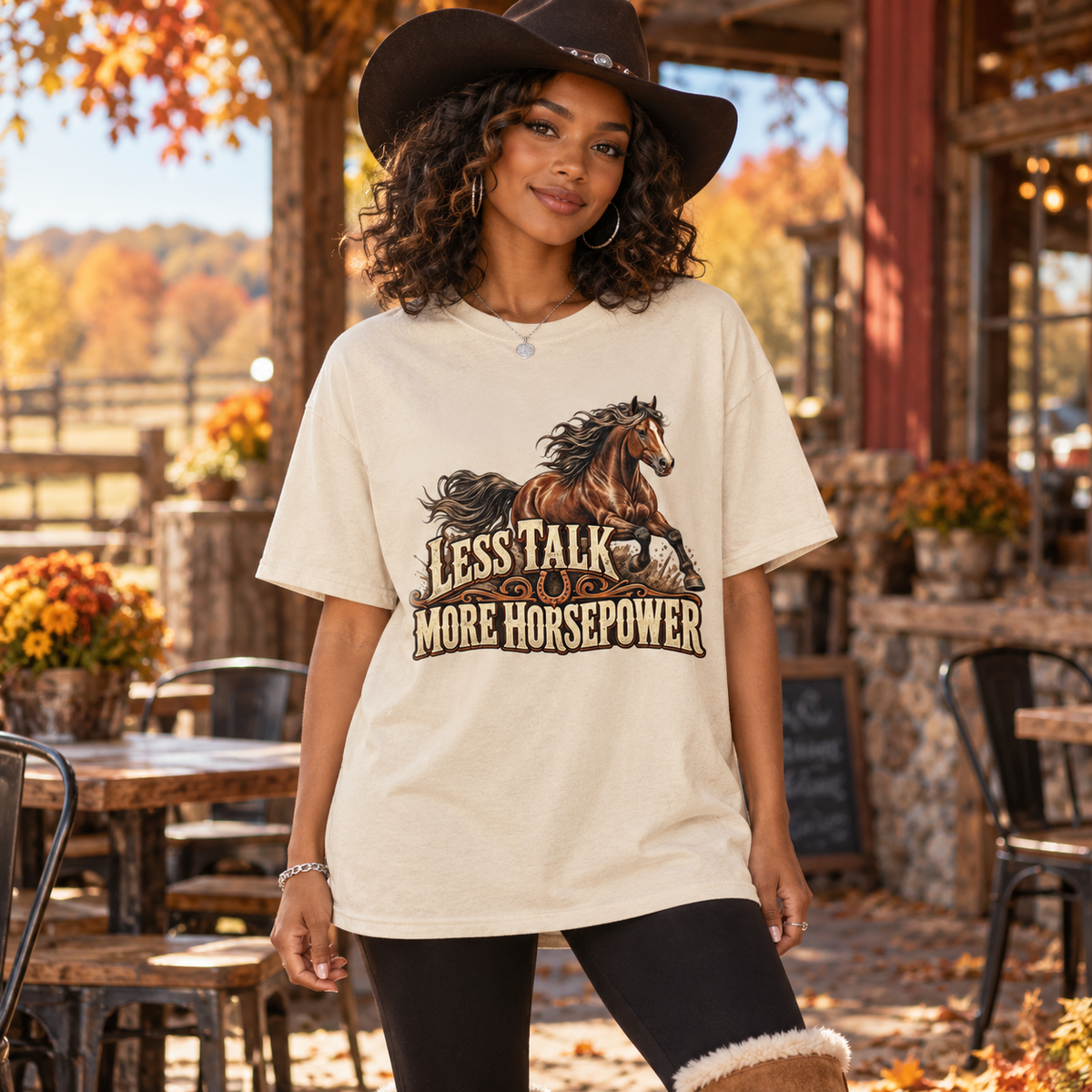 Less Talk More Horsepower Women's Country T-Shirt in Natural, worn in a country lifestyle setting