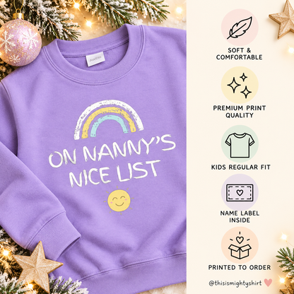 On Nanny’s Nice List Girls’ Christmas Jumper – Cute Festive Gift for Girls