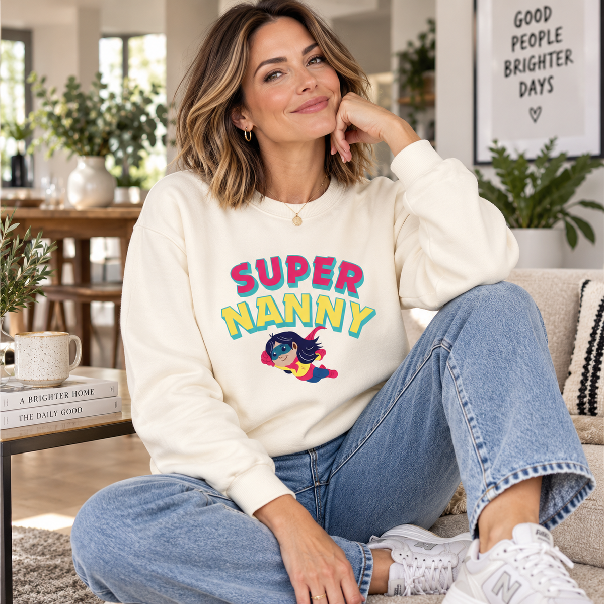 Super Nanny sweatshirt lifestyle image in a modern home