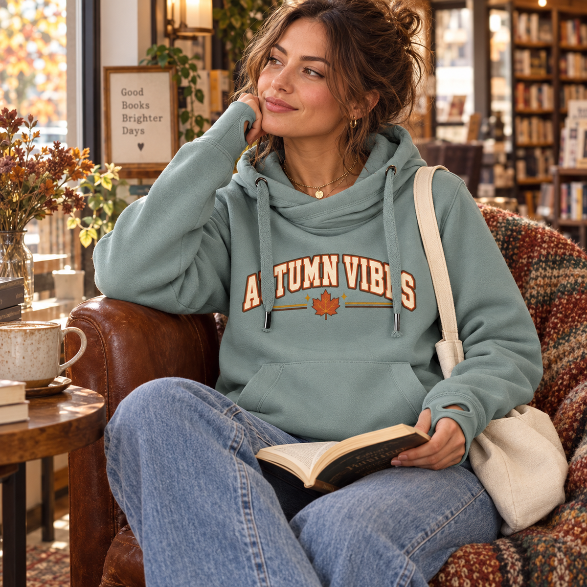 Autumn Vibes Women's Cross Neck Hoodie in Dusty Green, seasonal lifestyle photo