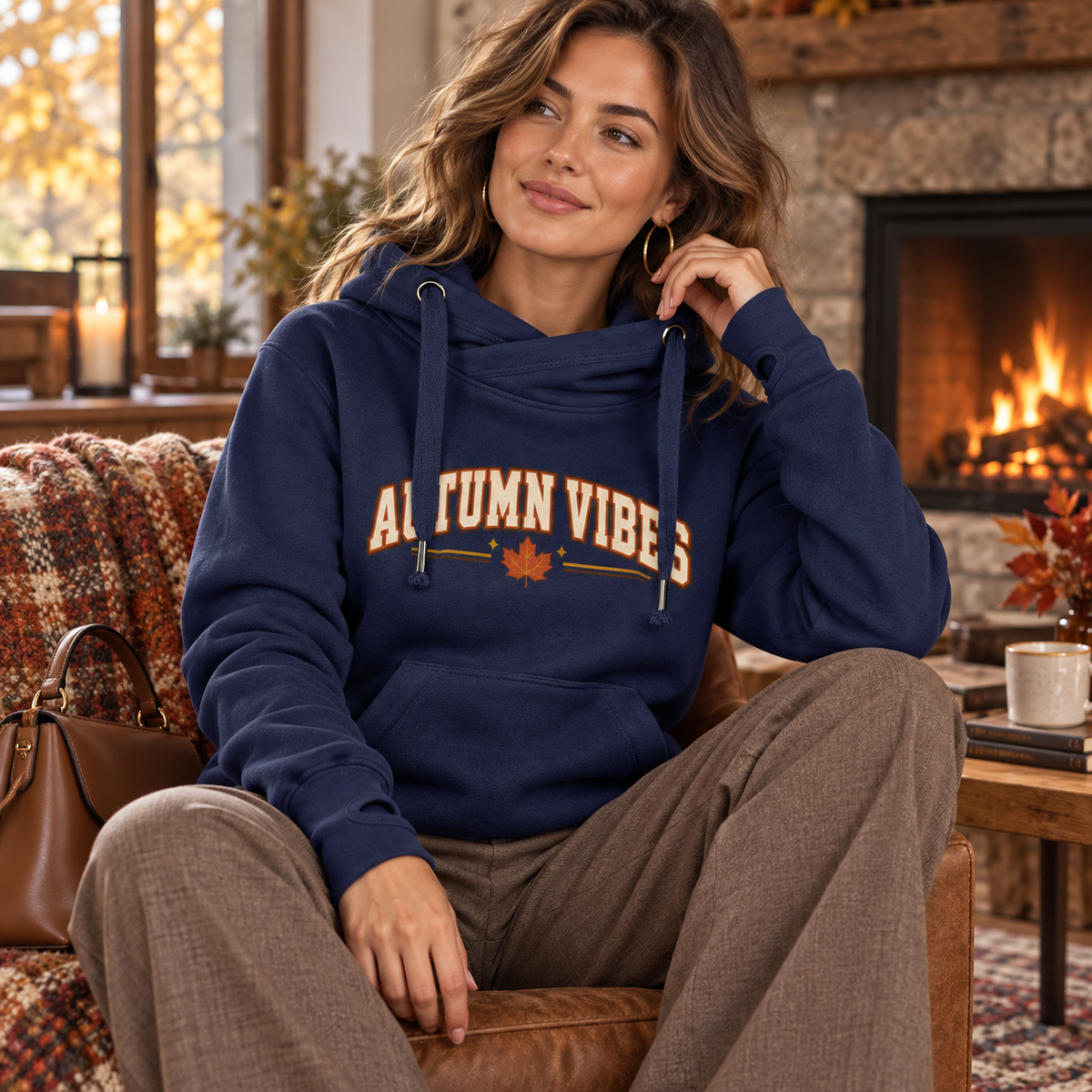 Autumn Vibes Women's Cross Neck Hoodie in Oxford Navy, seasonal lifestyle photo