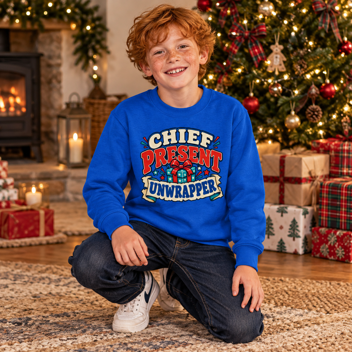 Chief Present Unwrapper Boys Christmas Sweater in Bright Royal – boys' Christmas lifestyle photo