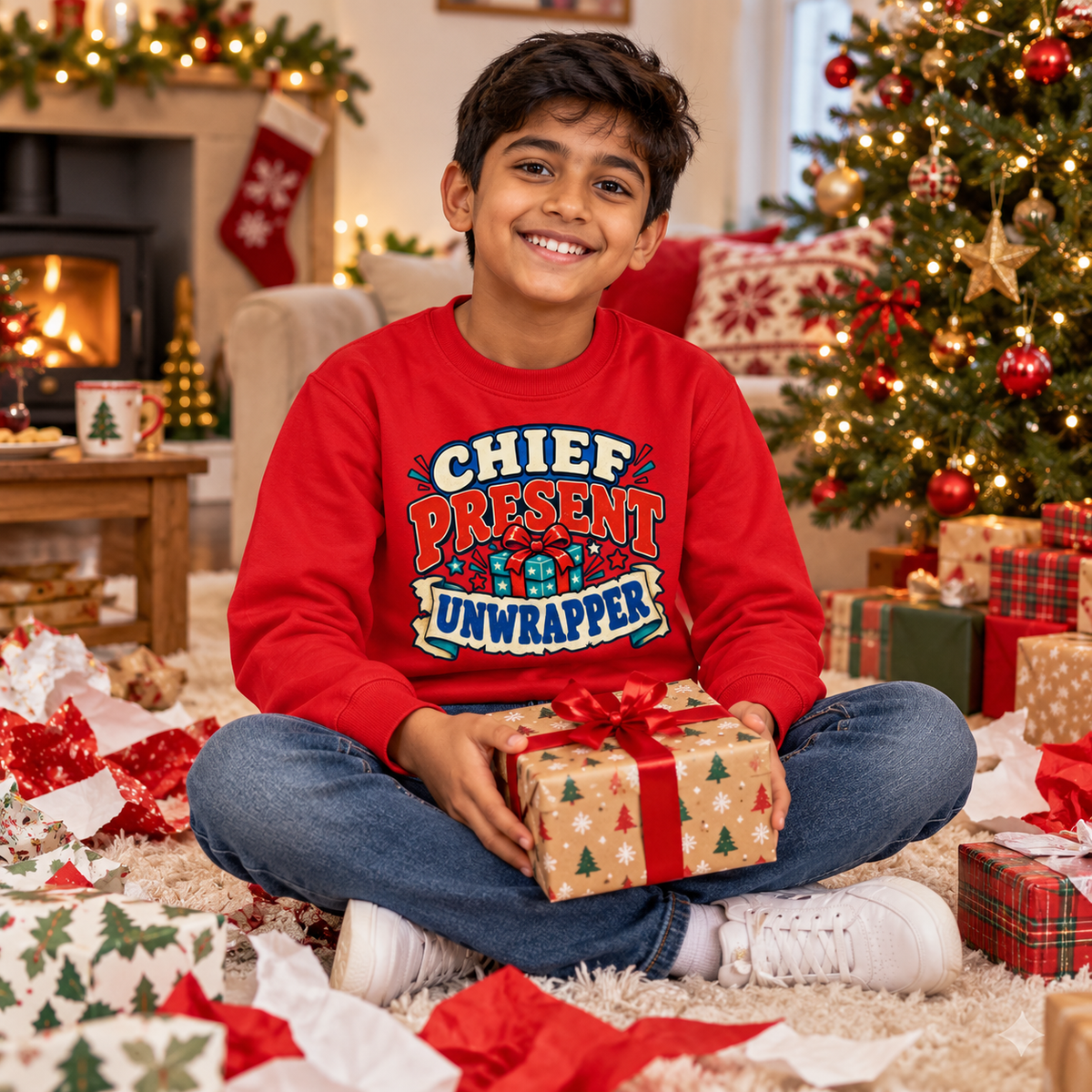Chief Present Unwrapper Boys Christmas Sweater in Fire Red – boys' Christmas lifestyle photo
