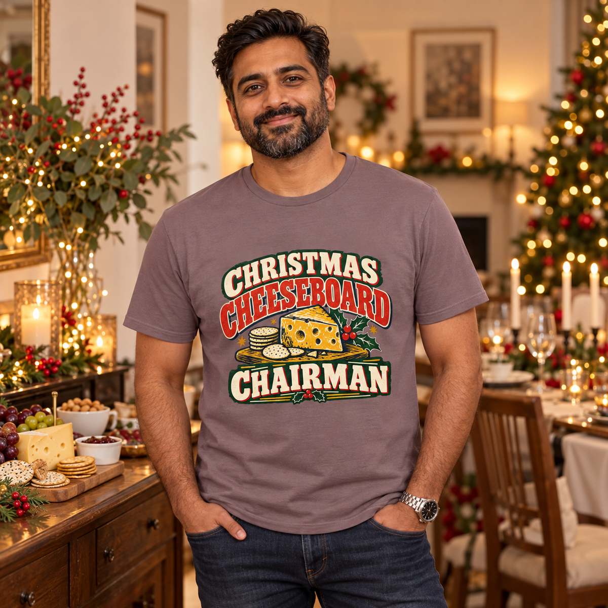 Man wearing Christmas Cheeseboard Chairman Men's Christmas T-Shirt in Paragon in a festive lifestyle setting