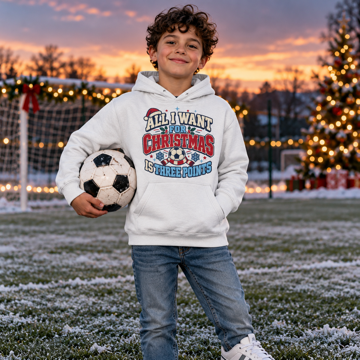 Christmas football points Boys Hoodie in Arctic White – boys' Christmas hoodie lifestyle photo