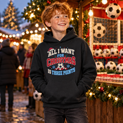 Christmas football points Boys Hoodie in Black Smoke – boys' Christmas hoodie lifestyle photo
