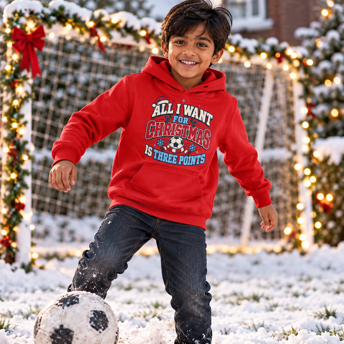 Christmas football points Boys Hoodie in Fire Red – boys' Christmas hoodie lifestyle photo