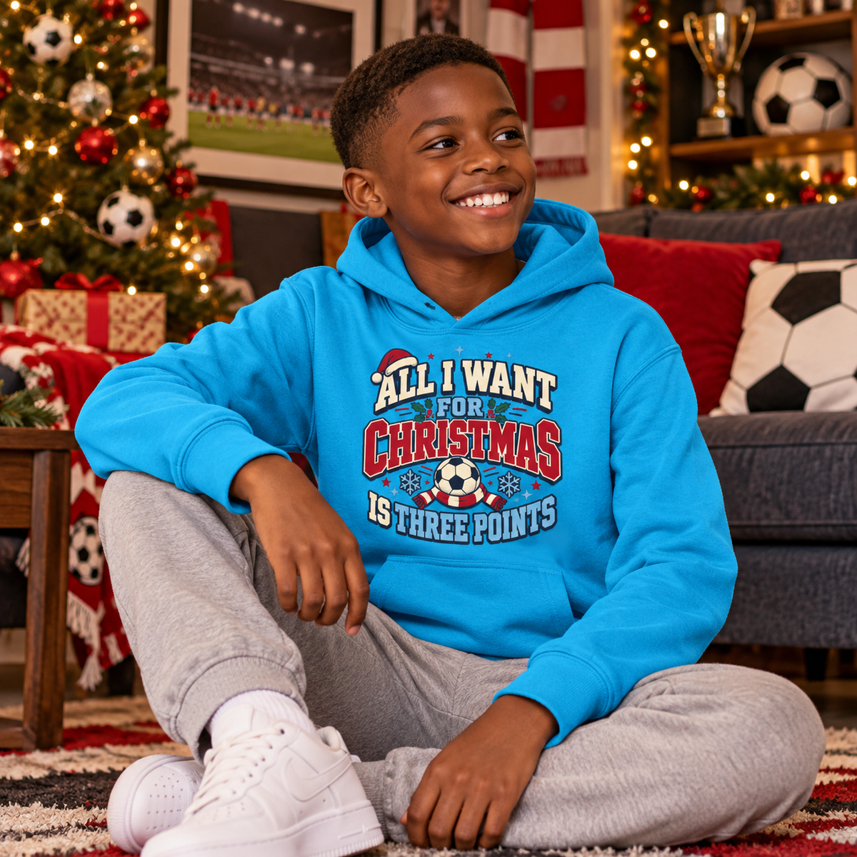 Christmas football points Boys Hoodie in Hawaiian Blue – boys' Christmas hoodie lifestyle photo