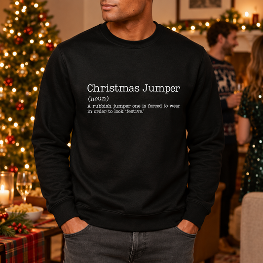 Man wearing Jet Black Christmas Jumper definition sweatshirt at a festive party