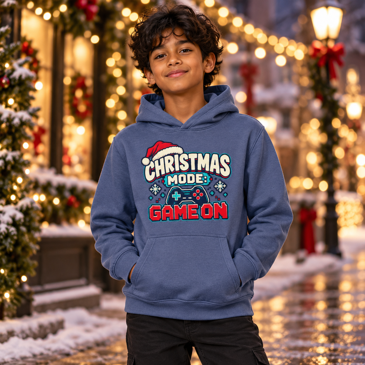 Christmas Mode Game On Boys Hoodie in Airforce Blue – boys' Christmas hoodie lifestyle photo