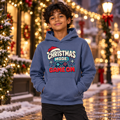 Christmas Mode Game On Boys Hoodie in Airforce Blue – boys' Christmas hoodie lifestyle photo