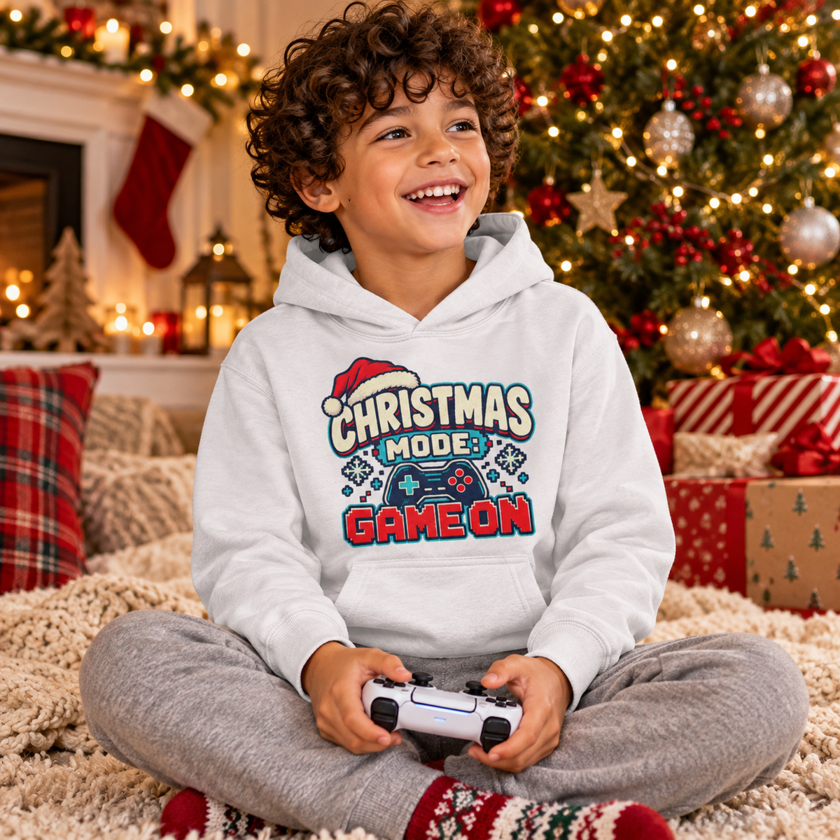 Christmas Mode Game On Boys Hoodie in Arctic White – boys' Christmas hoodie lifestyle photo